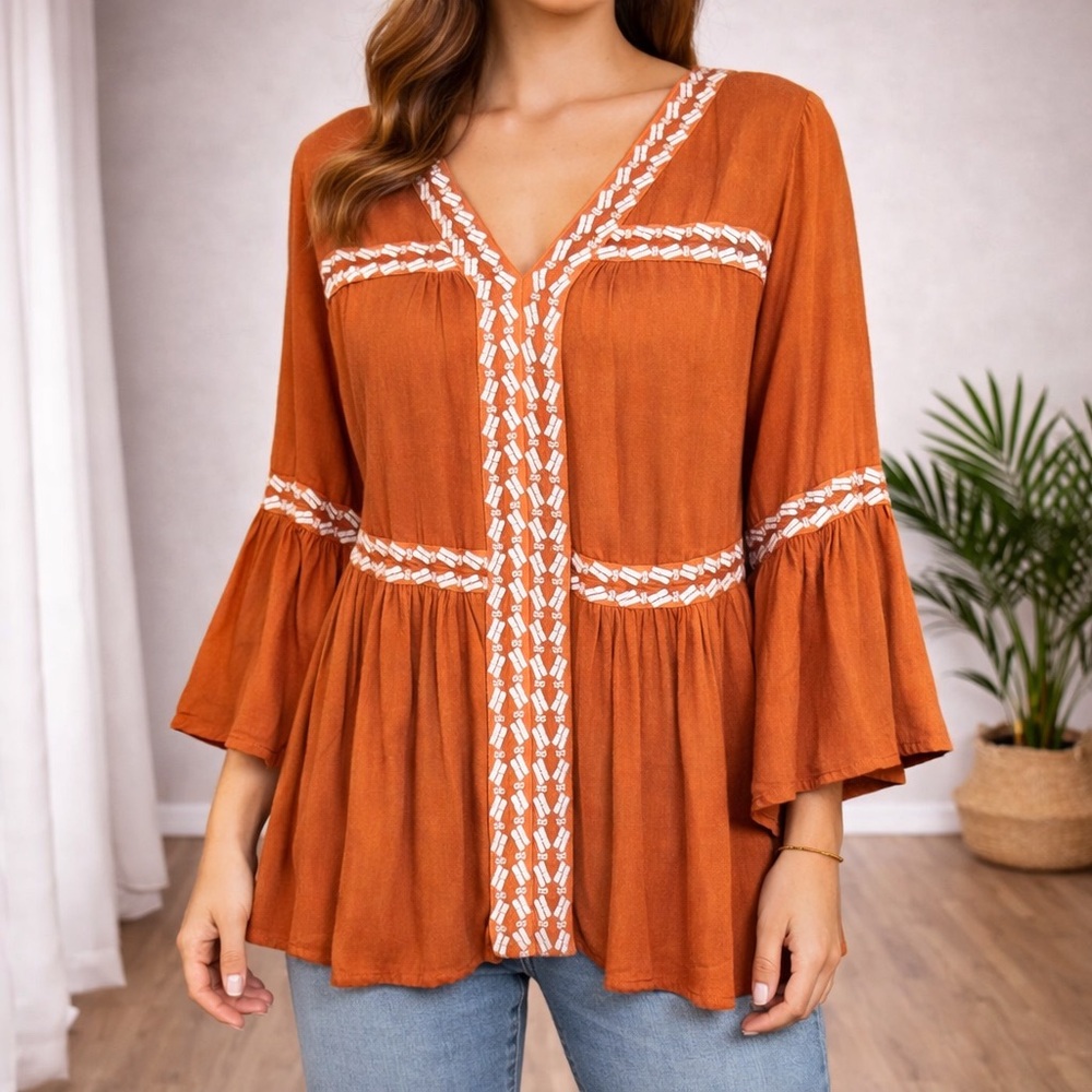 NWT Y2K Oso Casuals Embroidered Boho Peasant Tunic Top – Women's L – Rust Orange - Picture 1 of 8